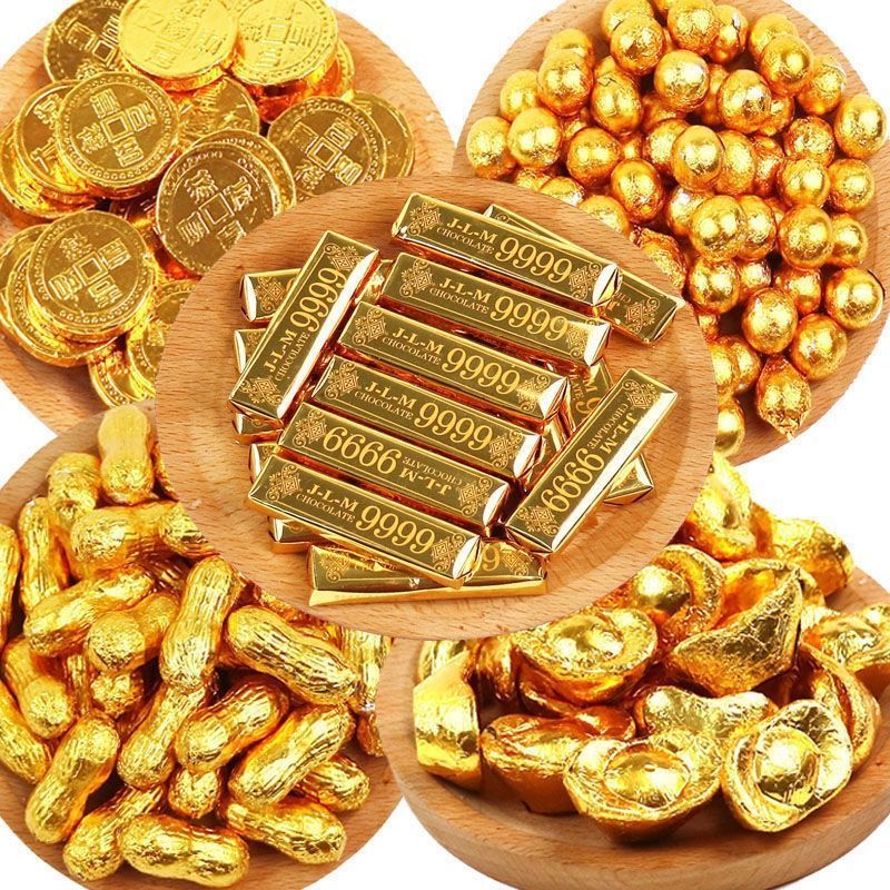 混装金色巧克力金币元宝花生金条巧克力零食蛋糕烘焙装饰喜糖年货