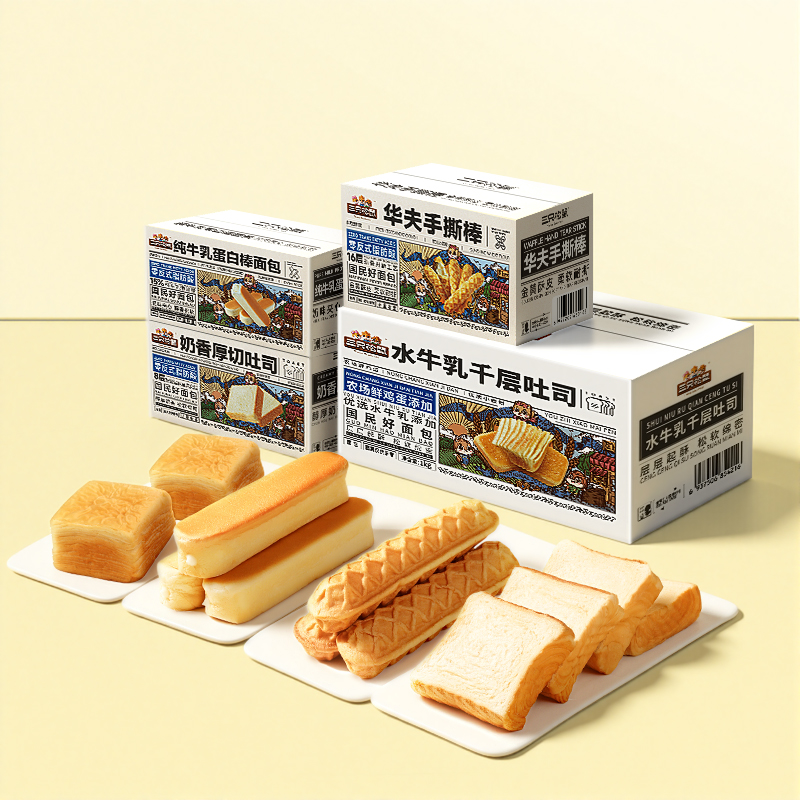 三只松鼠水牛乳千层+三箱组合面包 1650g 营养早餐糕点