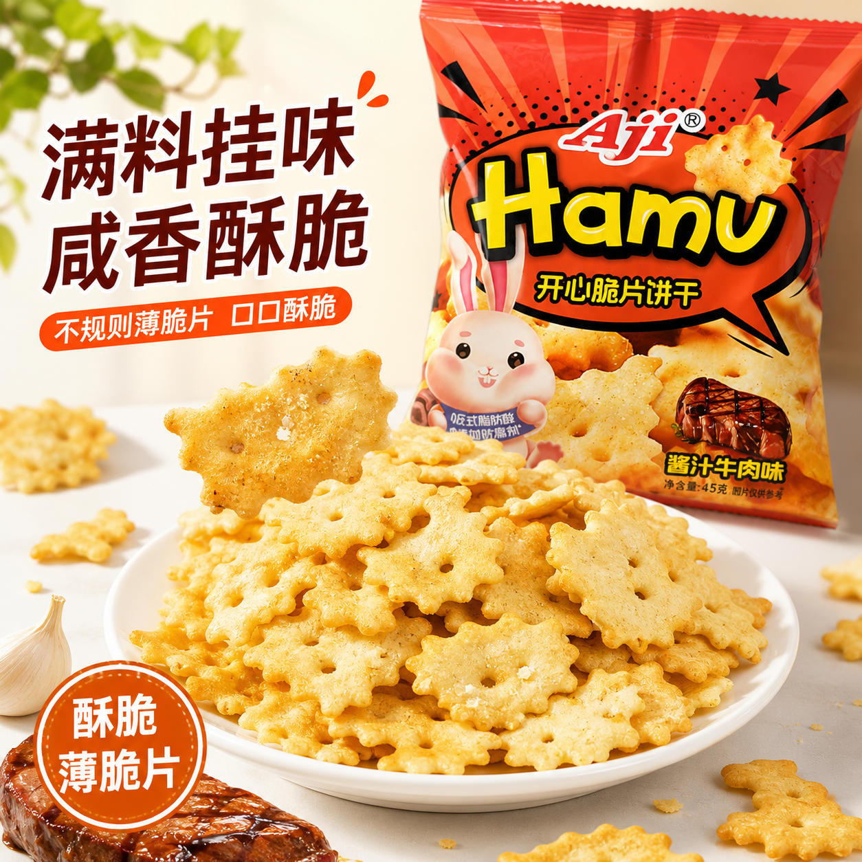 【AjiHamu开心脆片饼干酱汁牛肉味45克】薄脆片咸香酥脆零食小吃