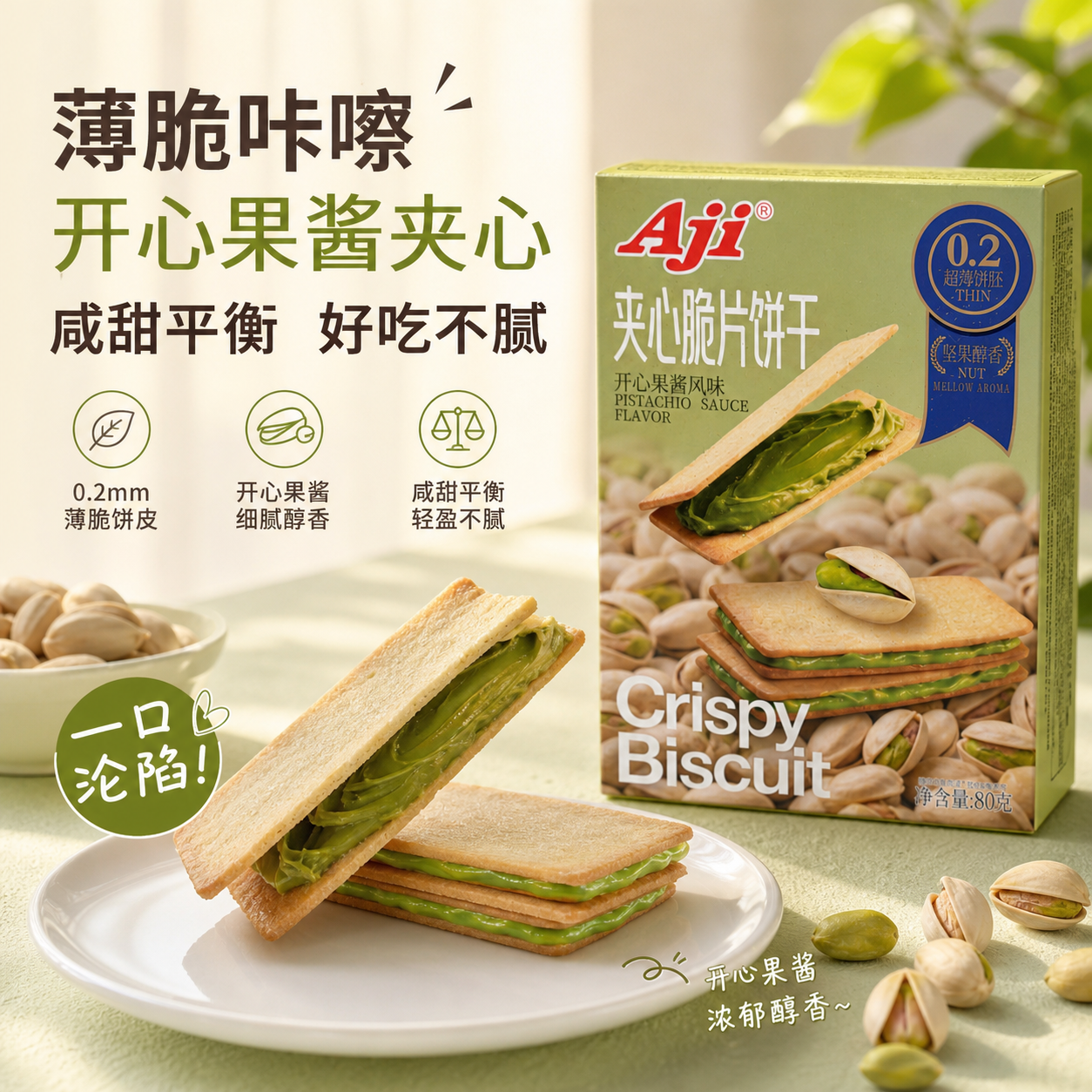 【Aji夹心脆片饼干开心果酱风味80克】薄脆咔嚓咸甜平衡休闲零食