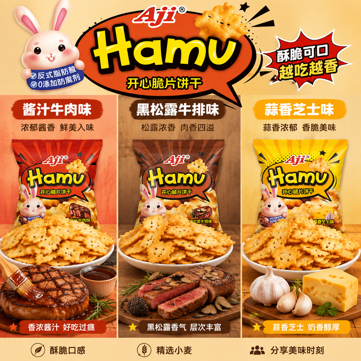 【AjiHamu开心脆片饼干酱汁牛肉味45克】薄脆片咸香酥脆零食小吃