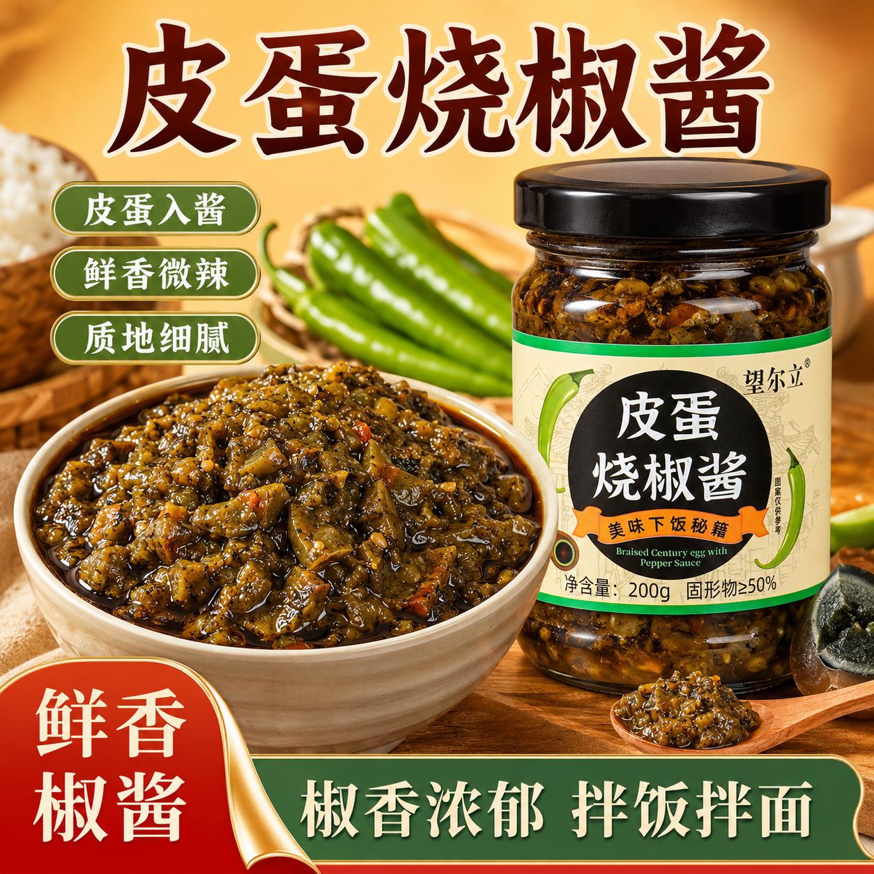 【淡淡飘香】皮蛋烧椒酱辣椒酱擂椒皮蛋酱青椒剁椒酱拌饭拌面酱