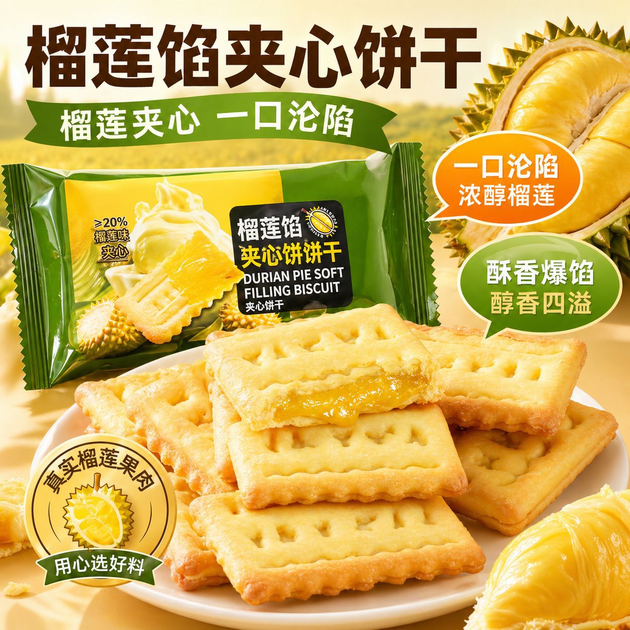榴莲派软馅料饼干榴莲夹心饼干浓郁酥脆网红休闲下午茶解馋小零食