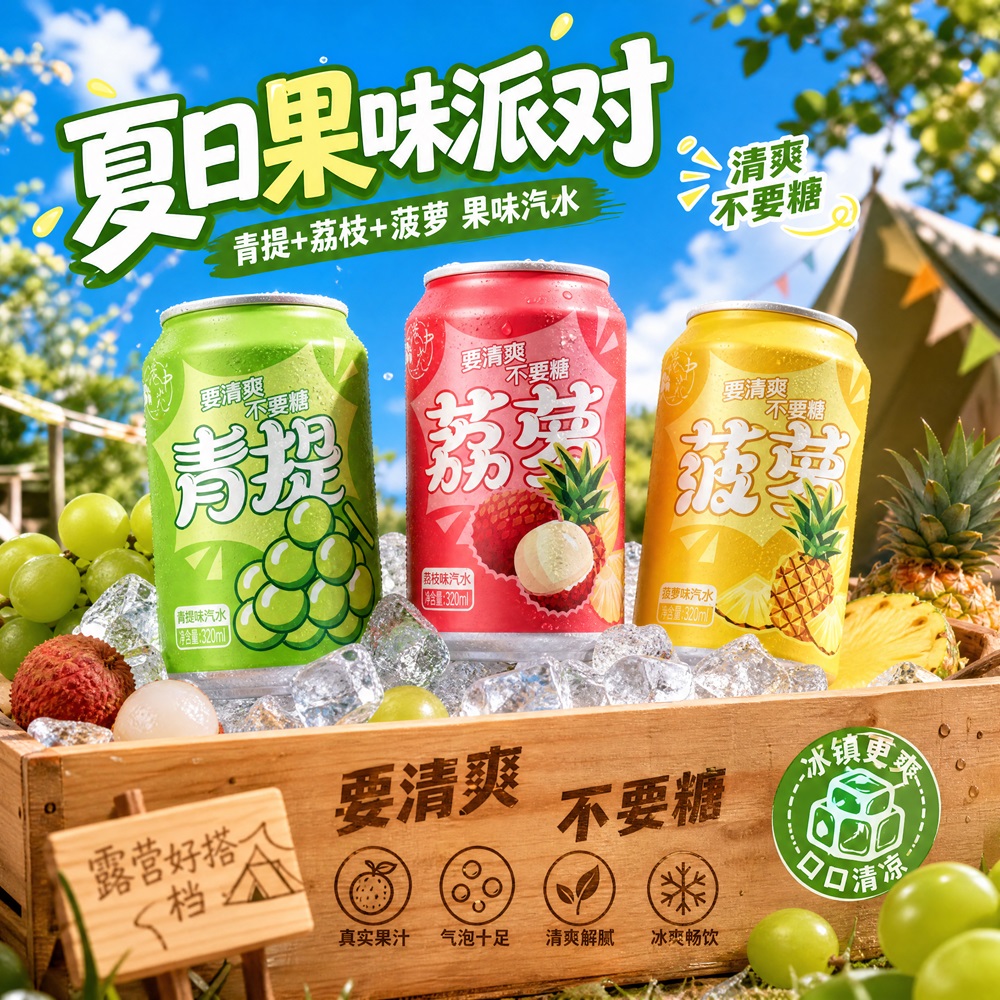 青提荔枝菠萝三合一果味汽水绵密气泡清爽解腻夏日冰镇饮品