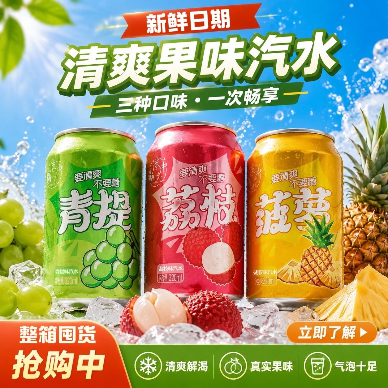 三重鲜果汽水青提荔枝菠萝浓郁果香气泡水 0 脂无负担清爽饮料