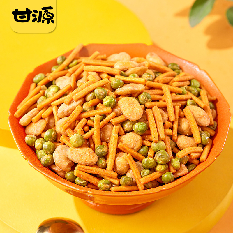甘源鲜虾烤肉蟹黄味虾条豆果休闲小吃厂家批发每箱500g*12袋共6kg