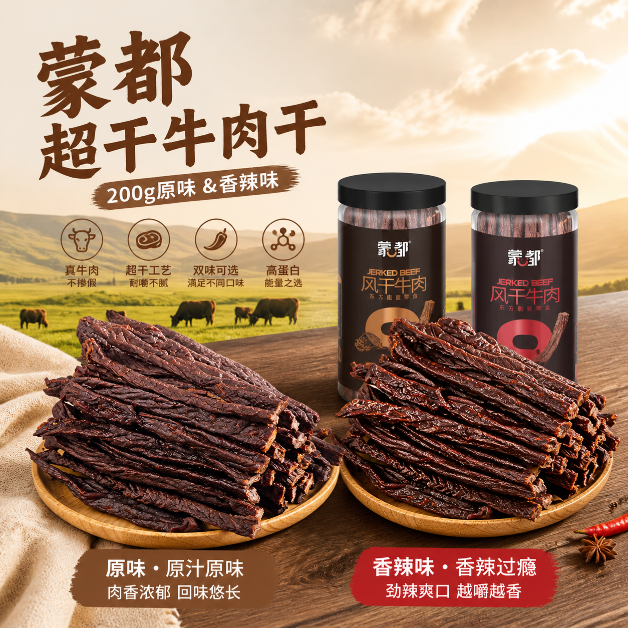 【蒙都风干牛肉150g】休闲零食高蛋白适合户外旅行原味香辣