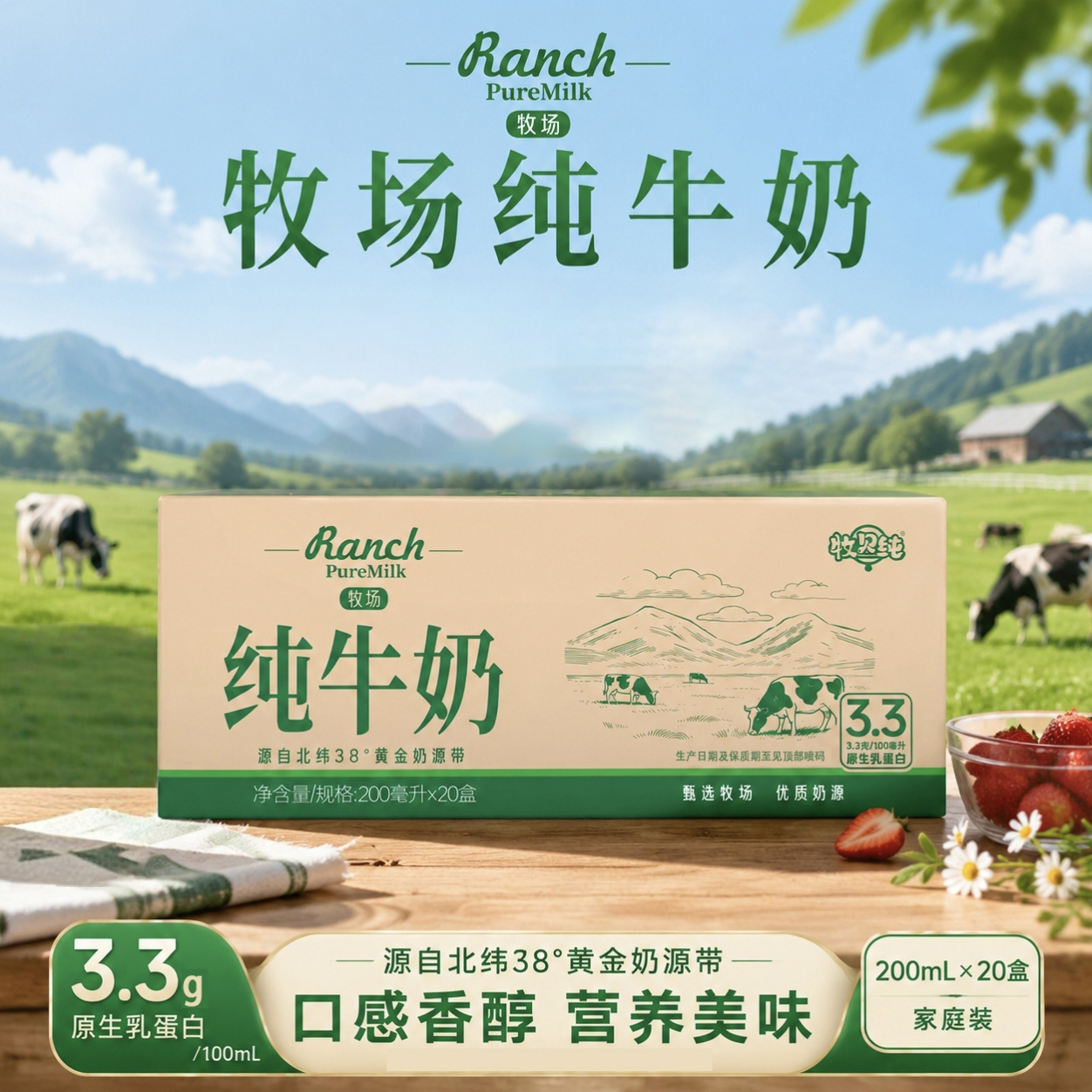 牧贝纯牧场纯牛奶200ml*20盒全脂纯牛奶3.3g蛋白配料只有生牛乳