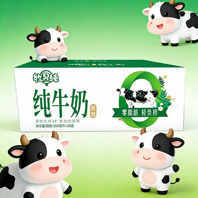 牧贝纯脱脂纯牛奶200ml*20盒0脂纯牛奶