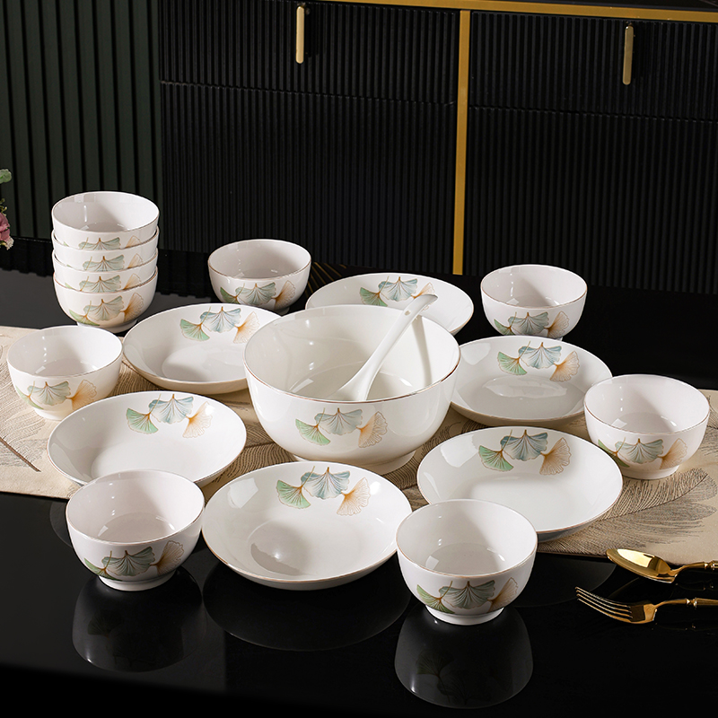 新款银杏时光釉下彩陶瓷餐具碗盘套装组合