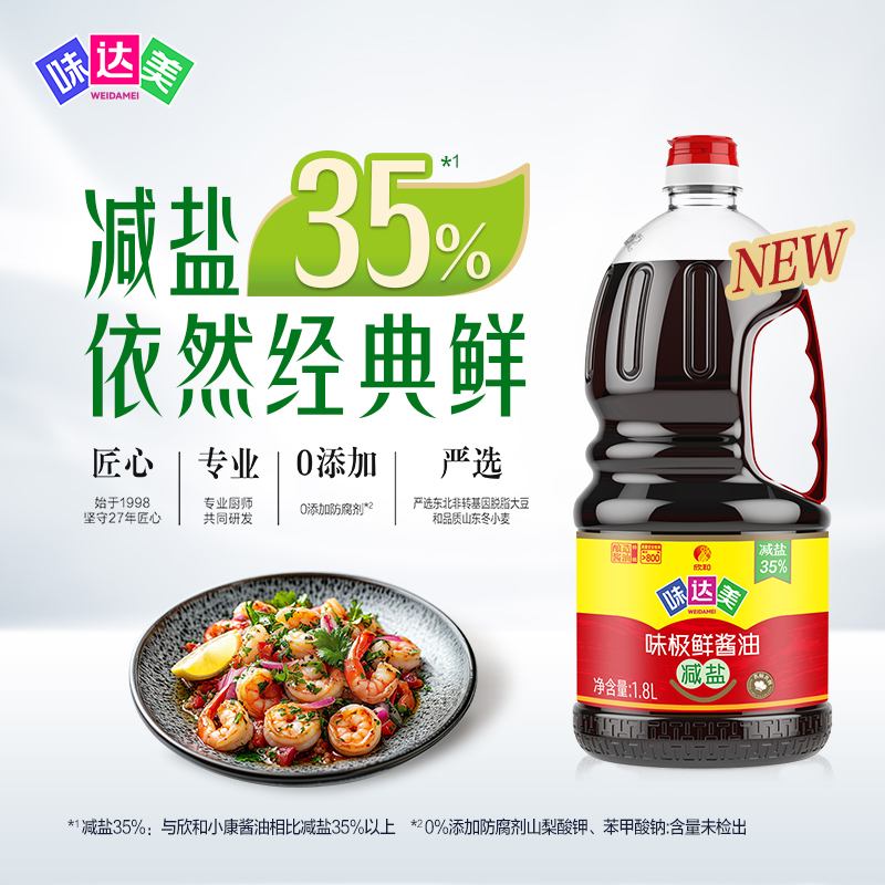【味达美味极鲜酱油减盐1.8L】调味品减盐35依然鲜香家庭烹饪优选