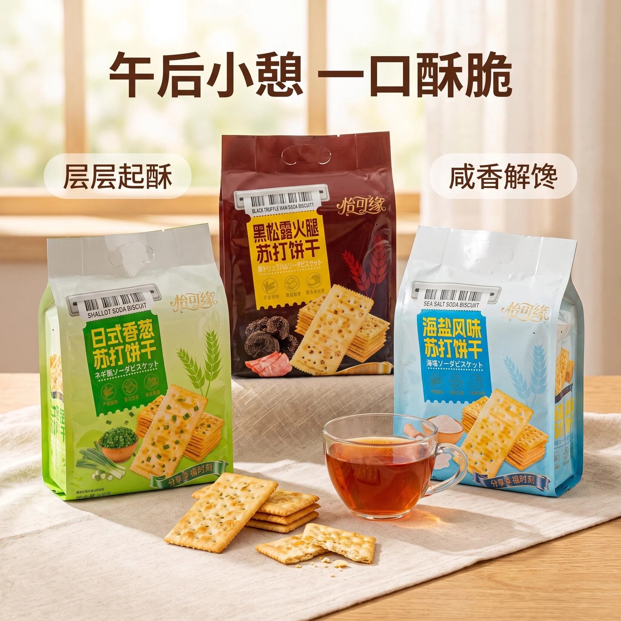 苏打饼干批发三口味黑松露火腿苏打海盐味日式香葱味商超网红零食