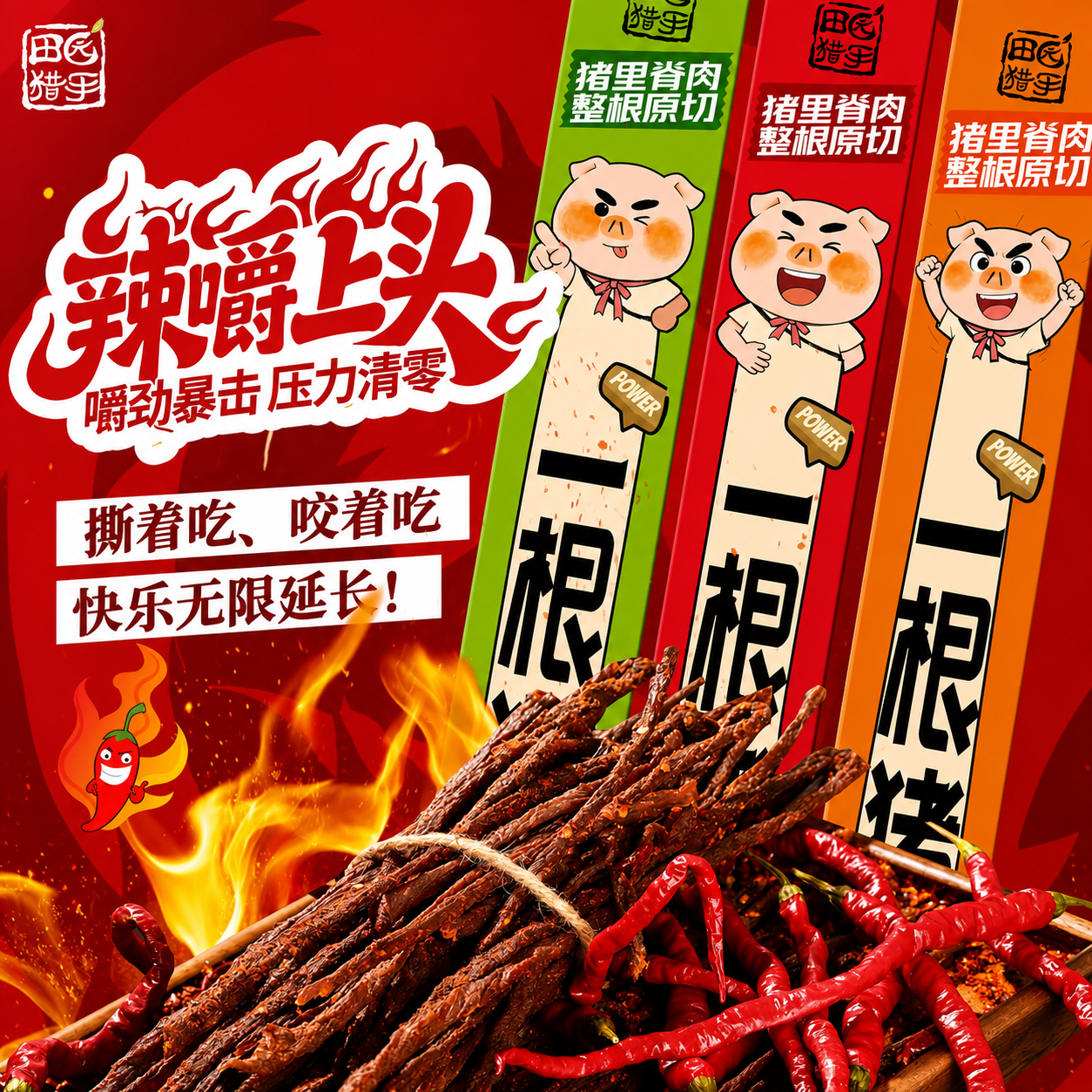 田园猎手一根猪超长猪肉条嘶哈辣黑胡椒原味风干肉干追剧零食