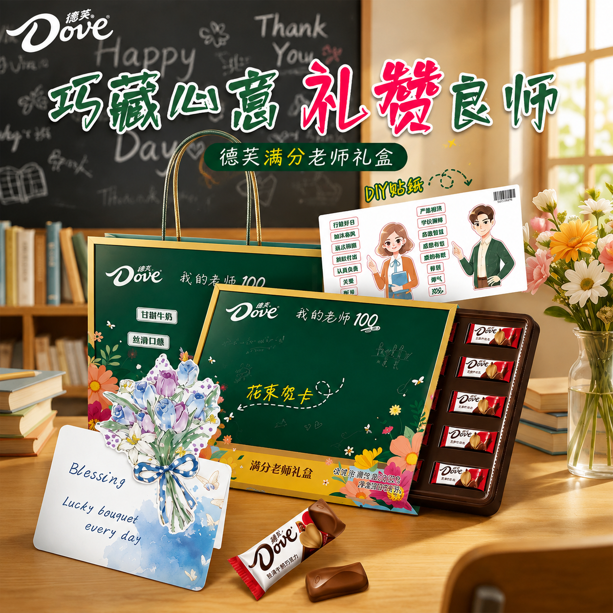 【控价】德芙满分老师巧克力礼盒教师节礼物创意花束贺卡DIY贴纸