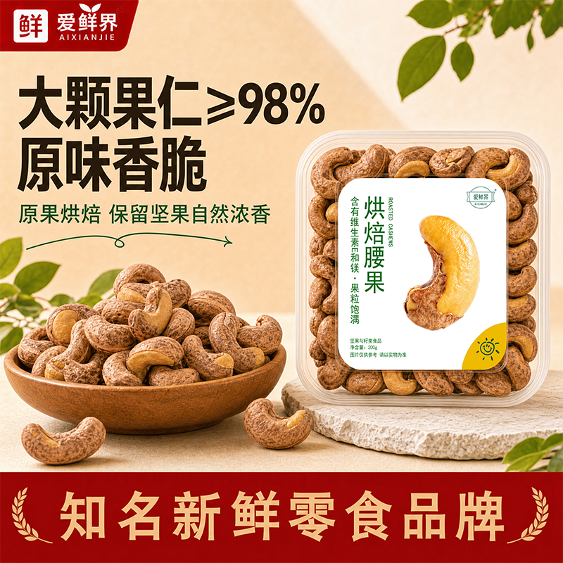 爱鲜界 原味烘焙腰果200g*1盒 整粒饱满月牙形低温烘焙更酥脆